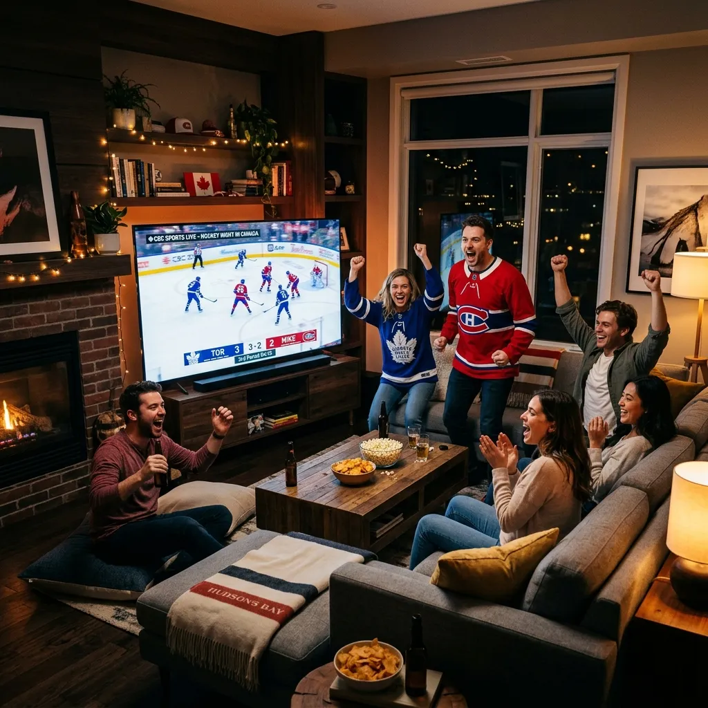 Happy Canadian friends watching hockey and sports on IPTV